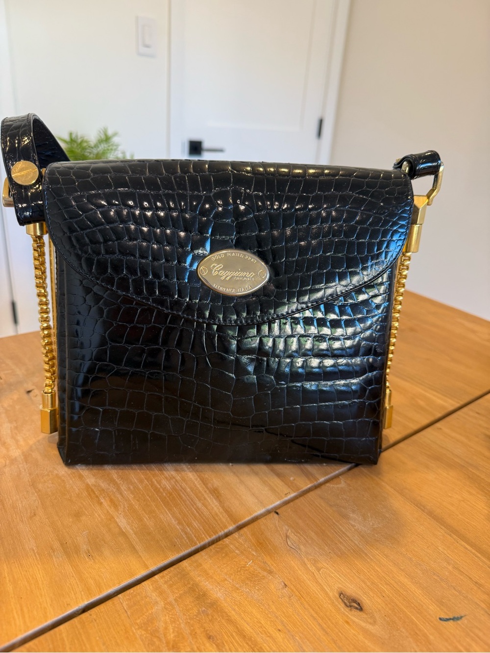 Black Croc-Embossed Leather Shoulder Bag